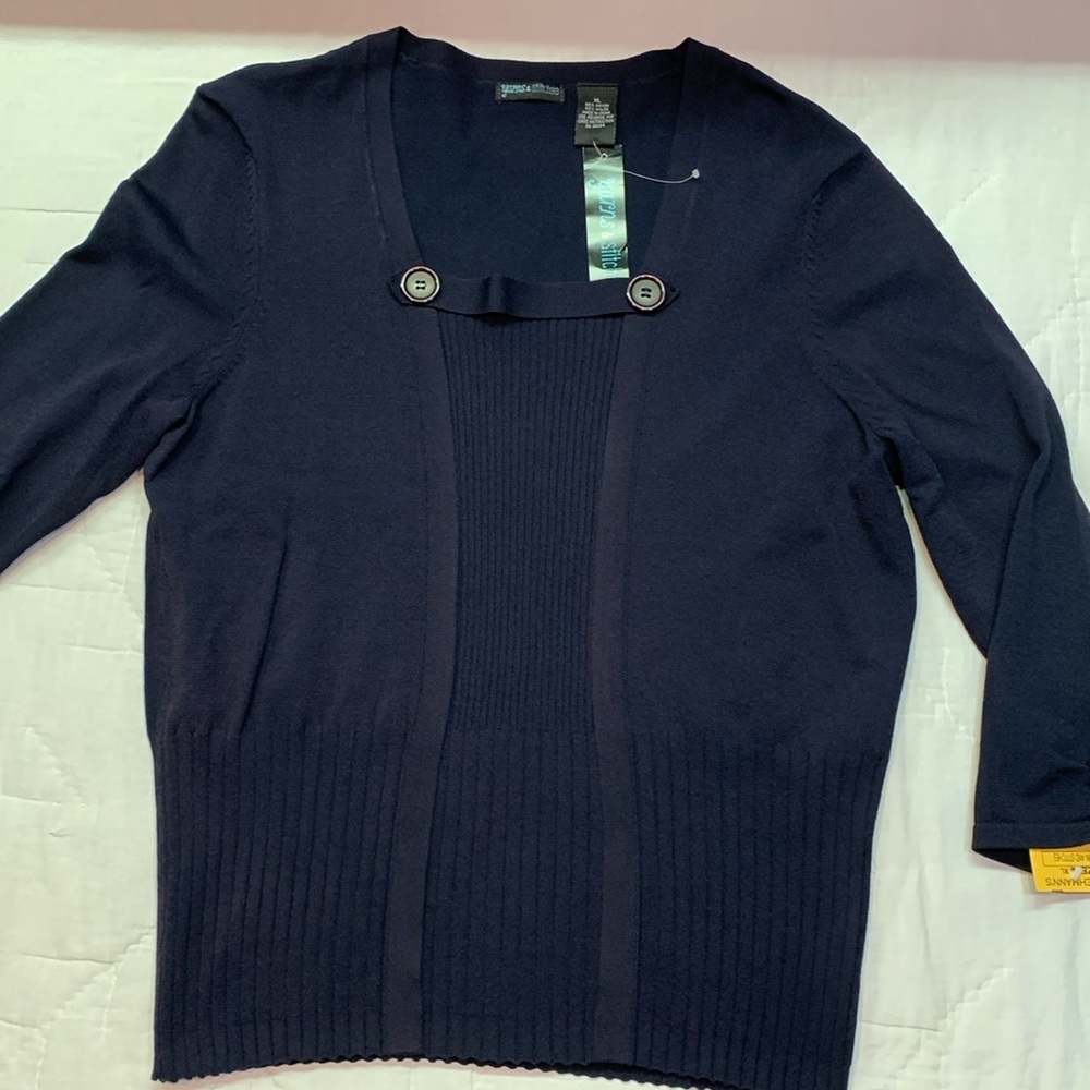 Yarns & Stitches Navy Blue 3/4 Sleeve Ribbed Knit Button Detail Sweater | XL NWT